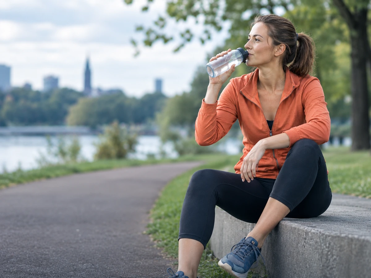 Joggerin trinkt einen Schluck aus der Wasserflasche